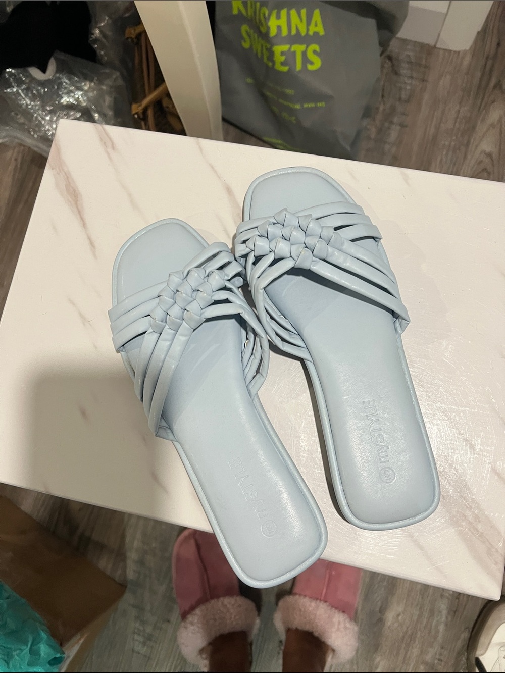 Light Blue Woven Slide Sandals - Women
